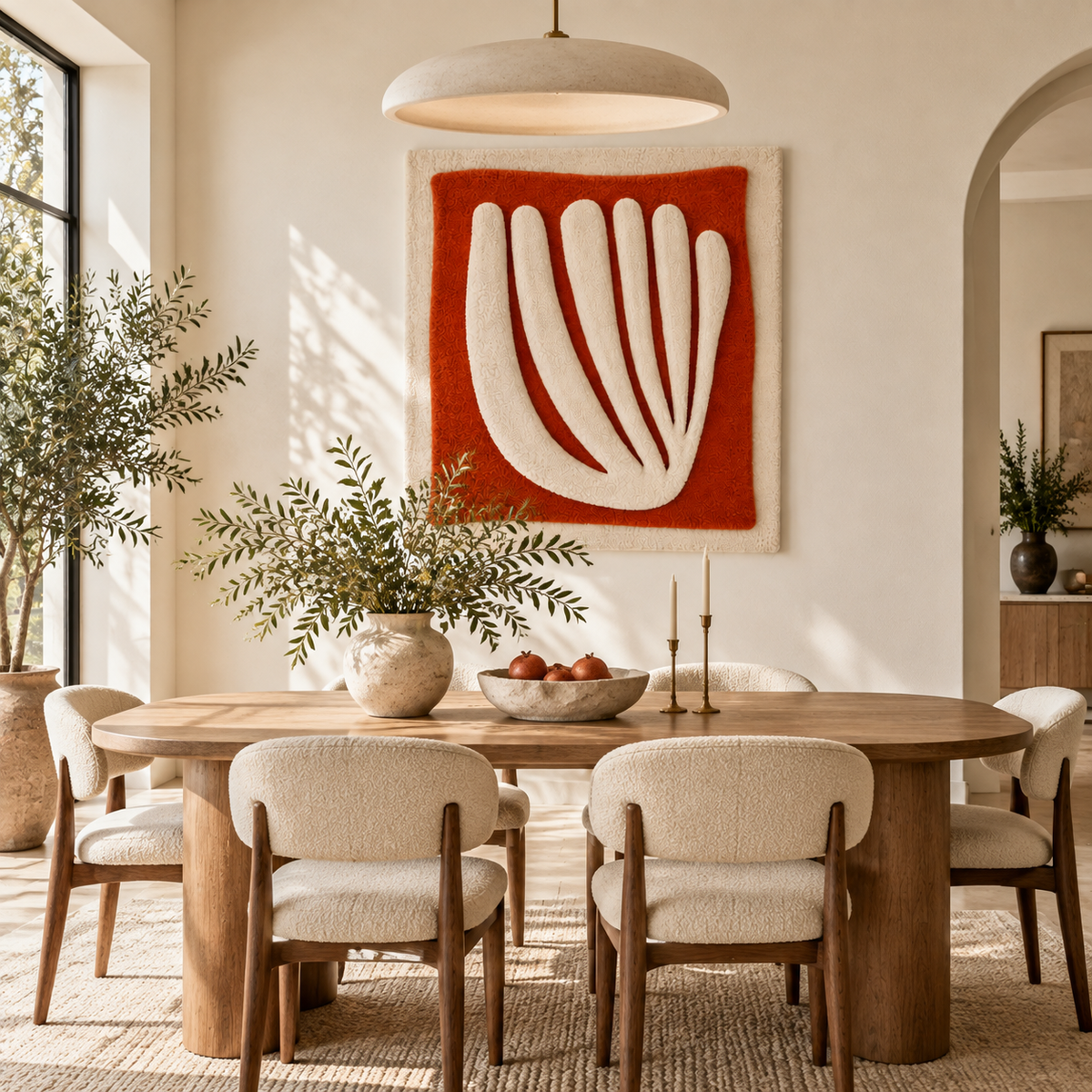 Ivory wall art featuring a fan design on a textured clay field backdrop, by Hewn Earth.