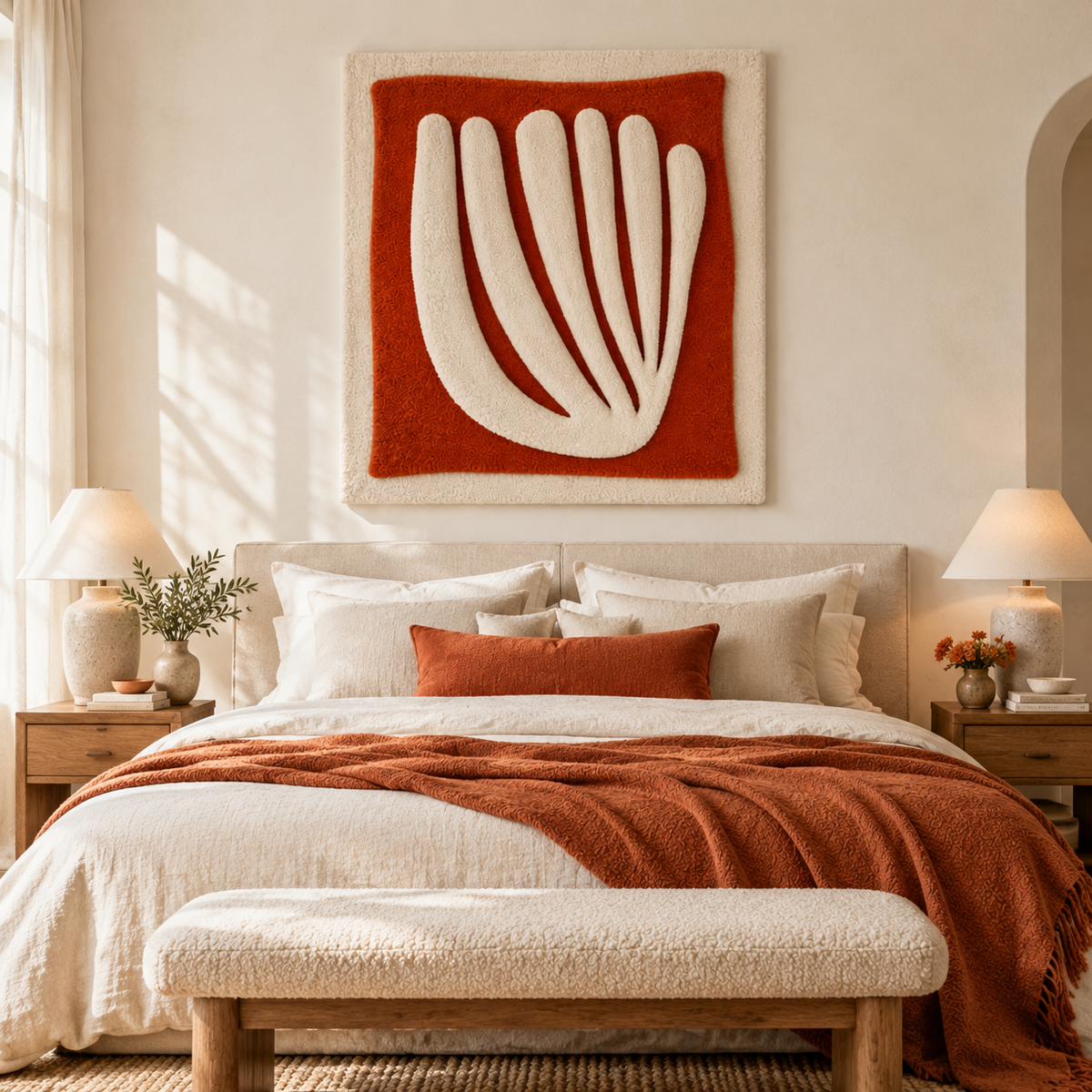 Ivory wall art featuring a fan design displayed on a clay field backdrop, by Hewn Earth, in a modern room setting.