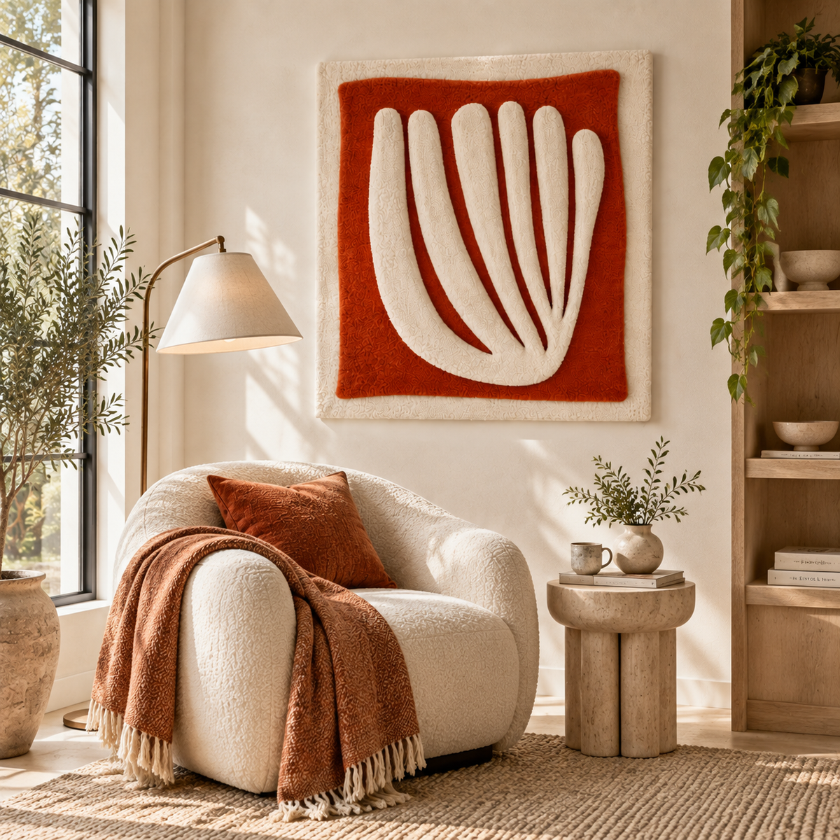 Ivory wall art featuring a fan design displayed on a clay field background, by Hewn Earth, ideal for home decor.