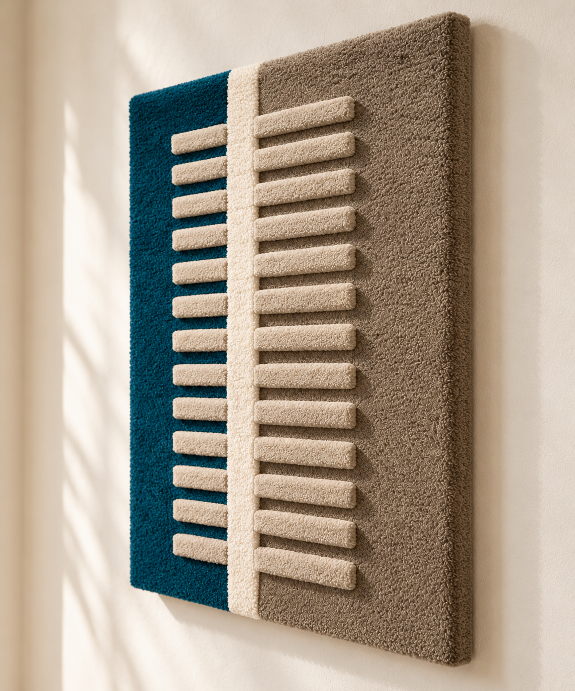 Hewn Earth ivory ladder wall art piece on teal and taupe background, featuring a rustic wooden ladder leaning against the wall.