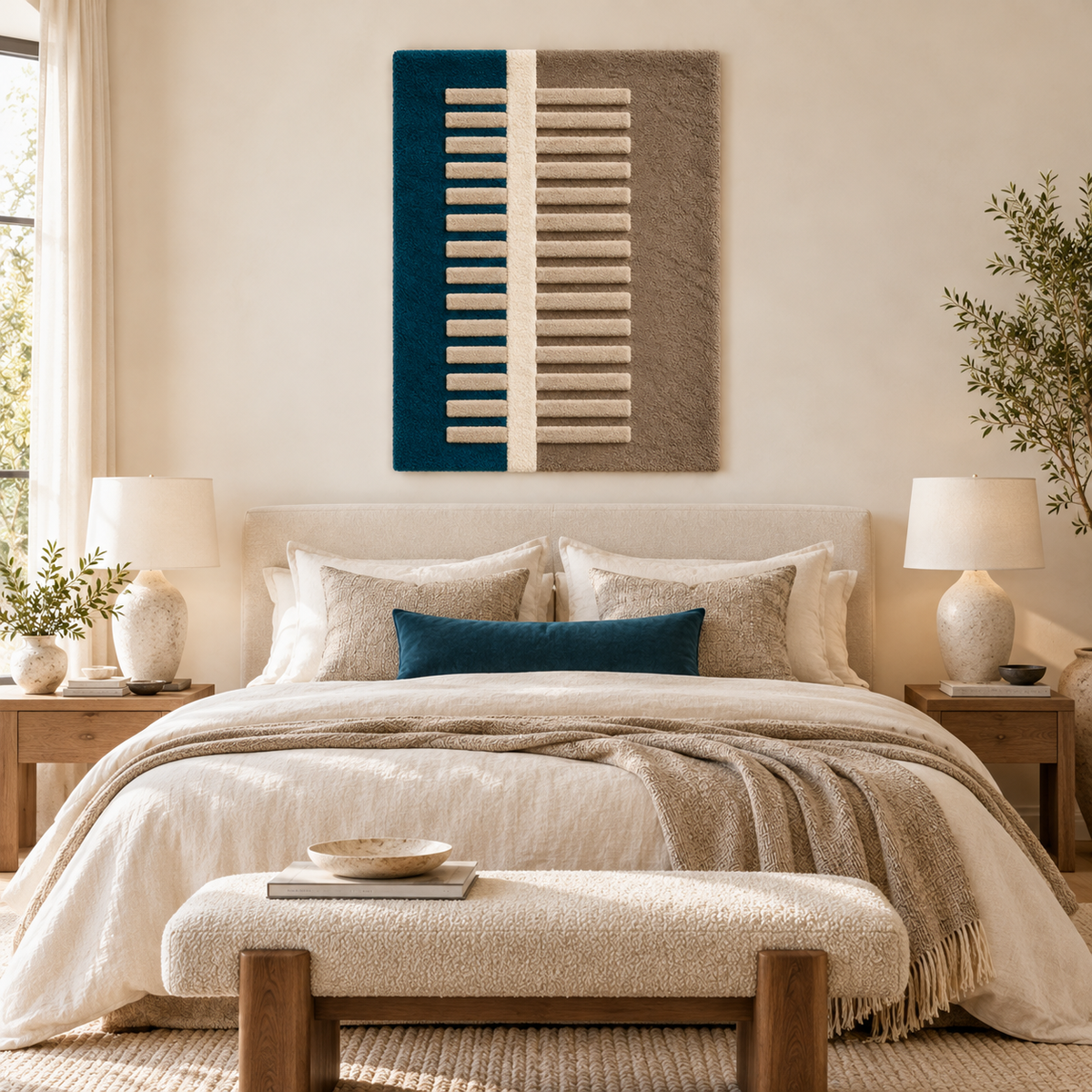 Hewn Earth ivory ladder wall art set against teal and taupe background, showcasing rustic wooden ladder decor.