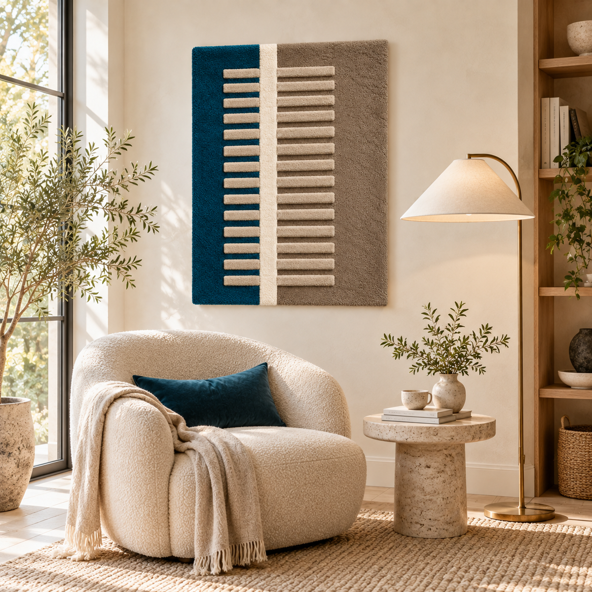 Hewn Earth ivory ladder wall art displayed on teal and taupe background, showcasing a rustic decorative piece for interior decor.