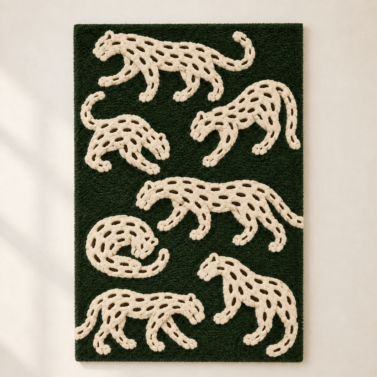 Ivory Leopards in the Grove wall art by Hewn Earth featuring a serene scene of leopards in a lush grove.
