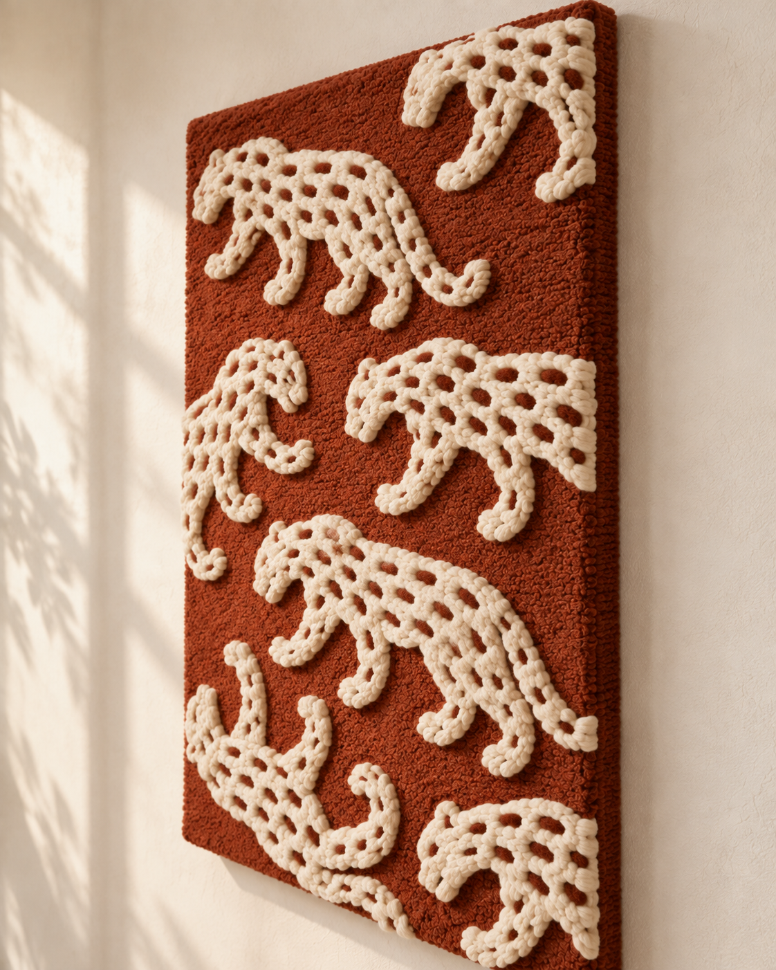 Ivory Leopards on Terracotta — angled relief view