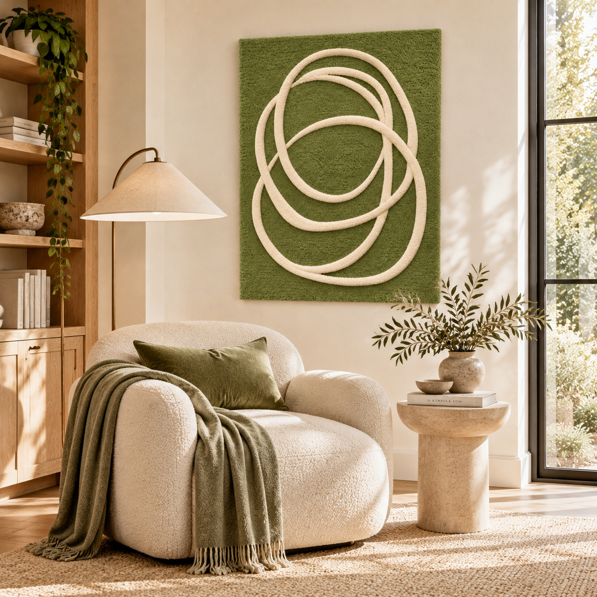 Ivory Loops on Moss — front-facing room scene [room-front]