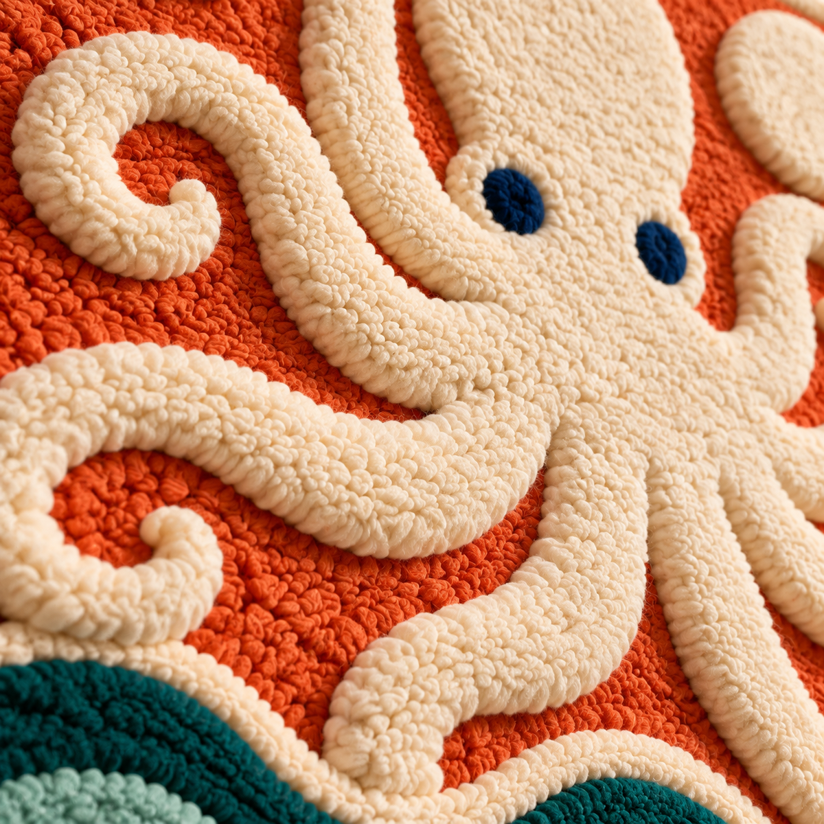 Ivory Octopus Wave Dance — tufted wool texture detail