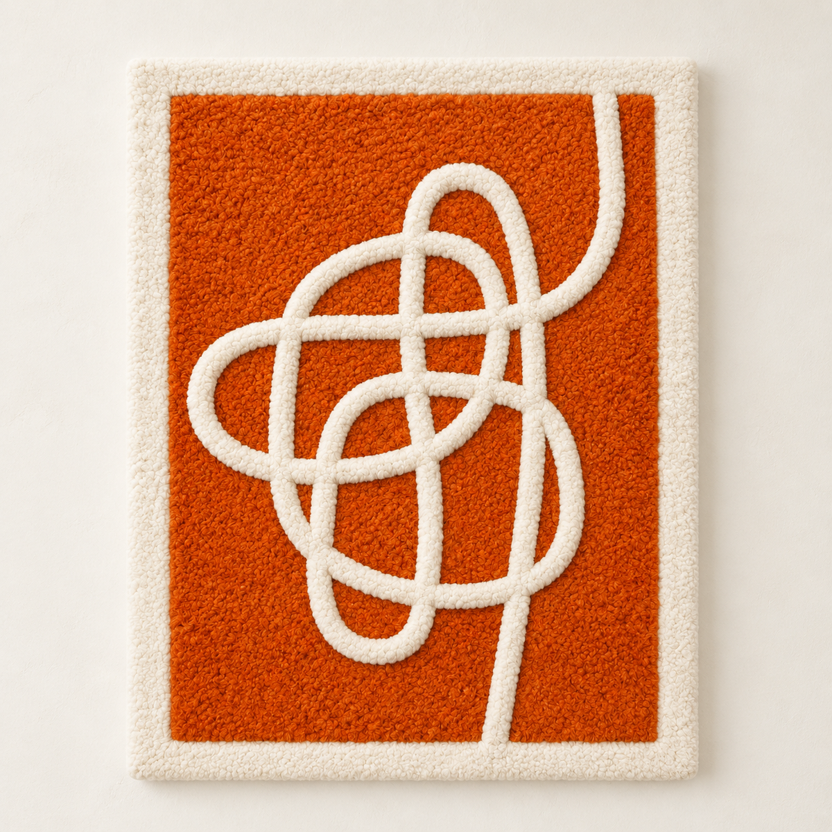 Hewn Earth wall art featuring an ivory ribbon design on a vibrant tangerine background.