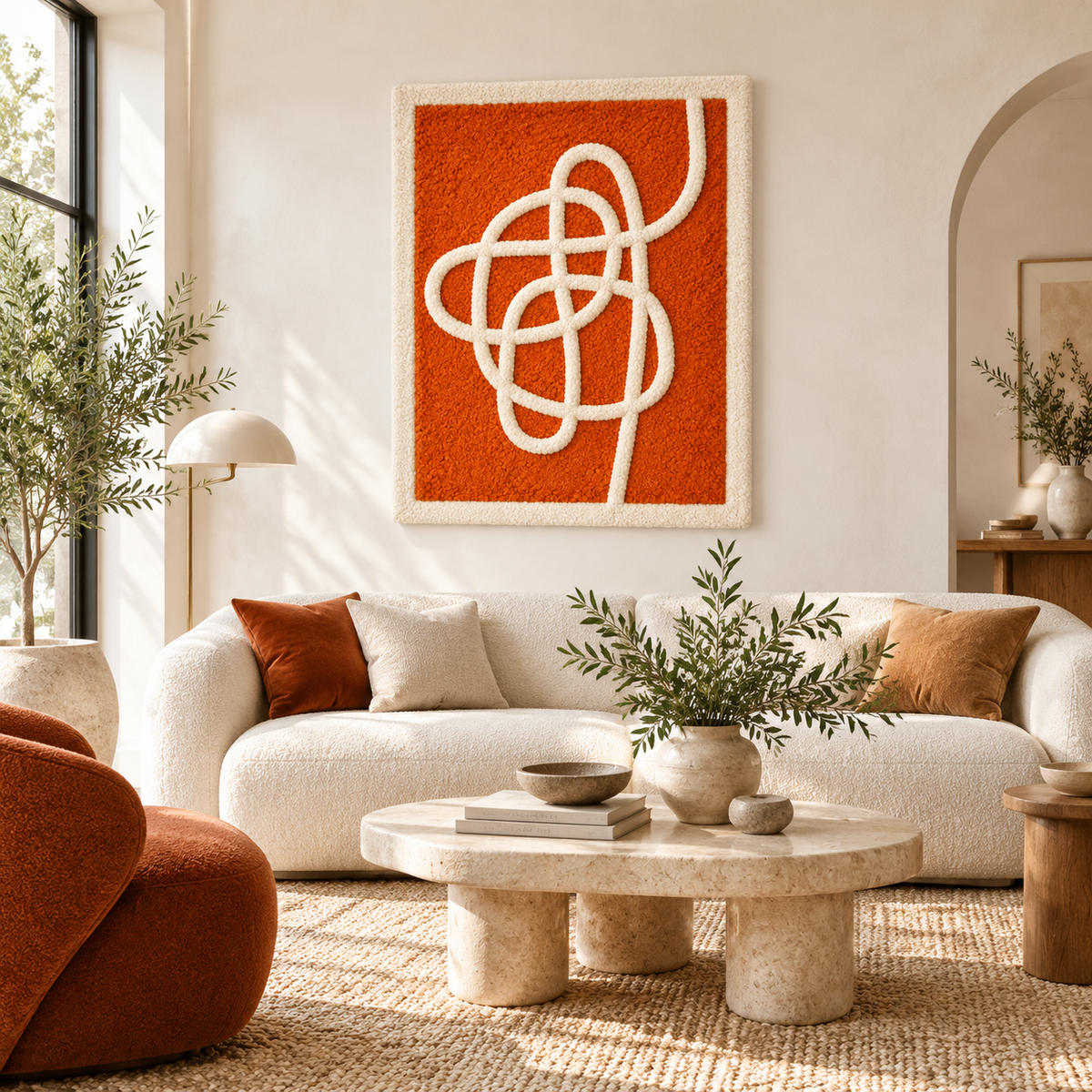 Hewn Earth wall art featuring an ivory ribbon design on a vibrant tangerine background in a modern room setting