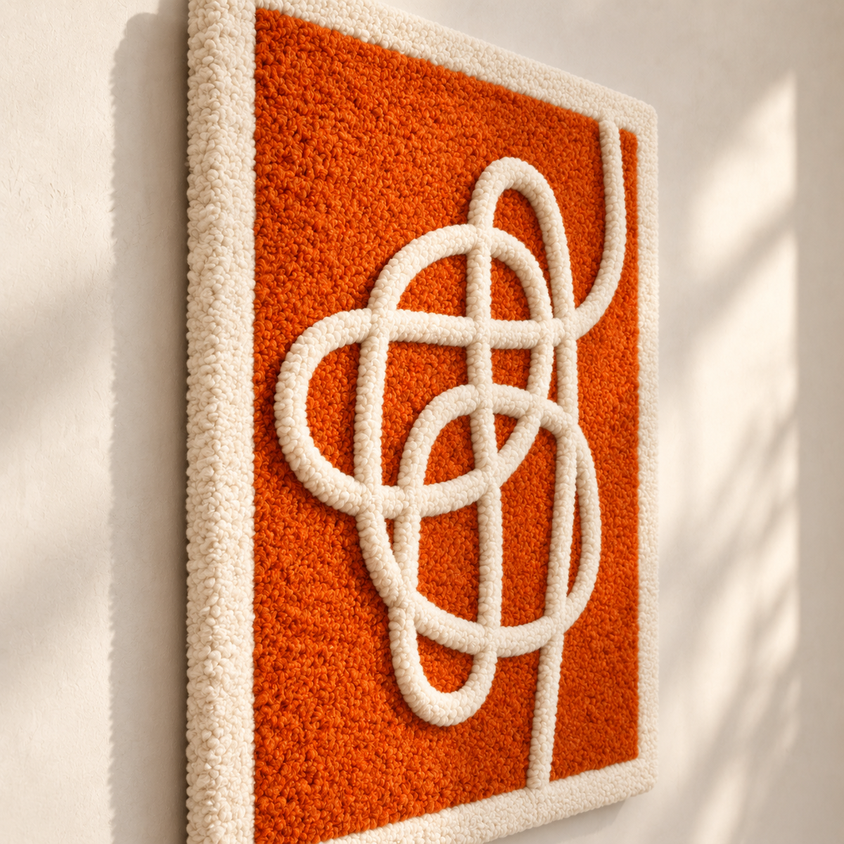 Hewn Earth wall art featuring an ivory ribbon design on a vibrant tangerine background, viewed from a side angle.