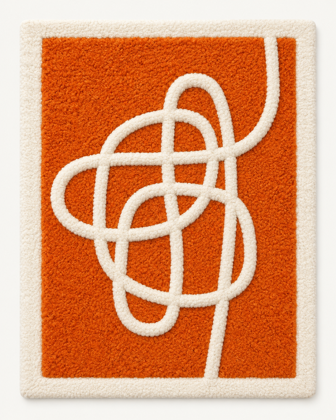 Hewn Earth wall art featuring an ivory ribbon design on vibrant tangerine background, modern decorative wall piece.