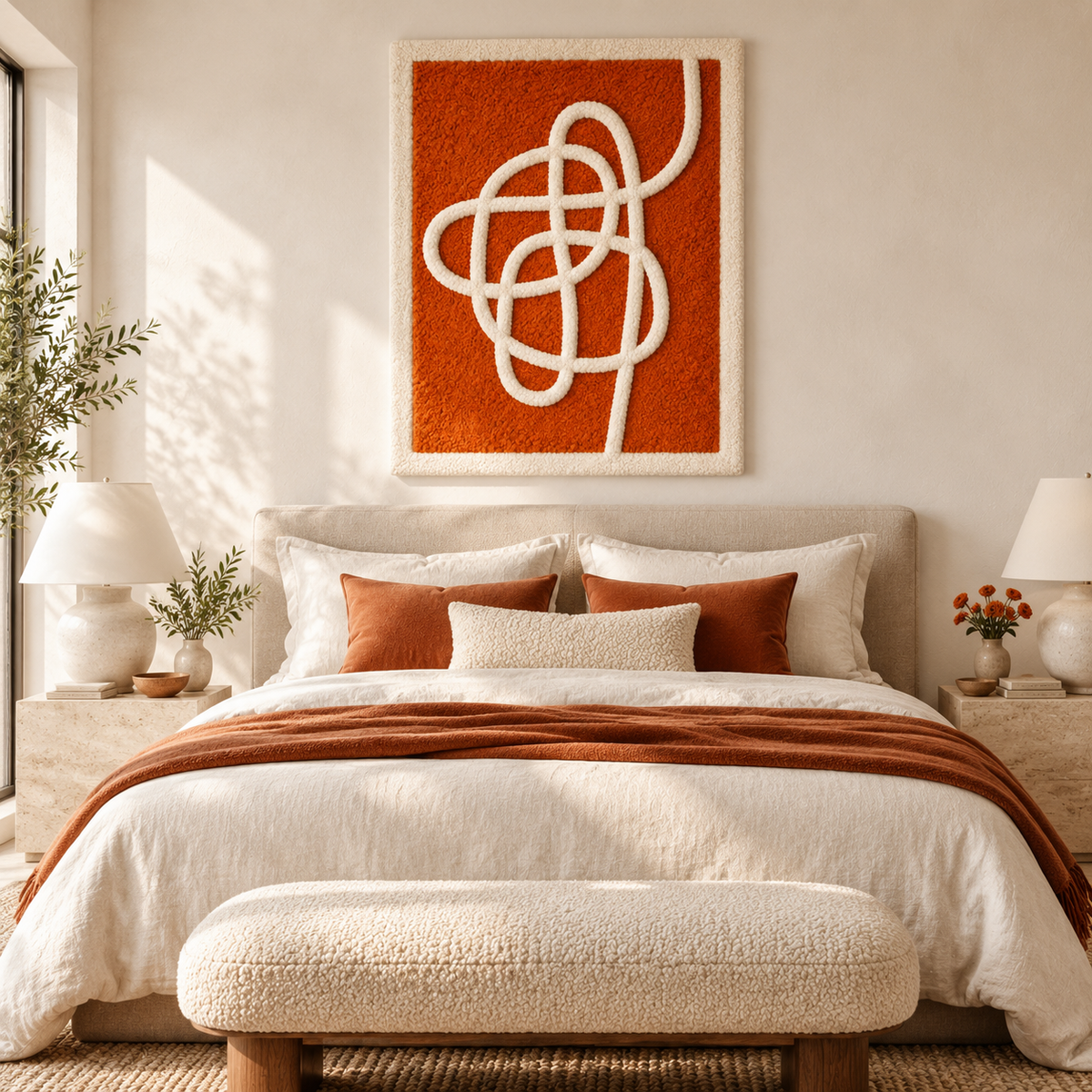 Hewn Earth wall art featuring an ivory ribbon design displayed on a tangerine-colored wall in a modern room setting.