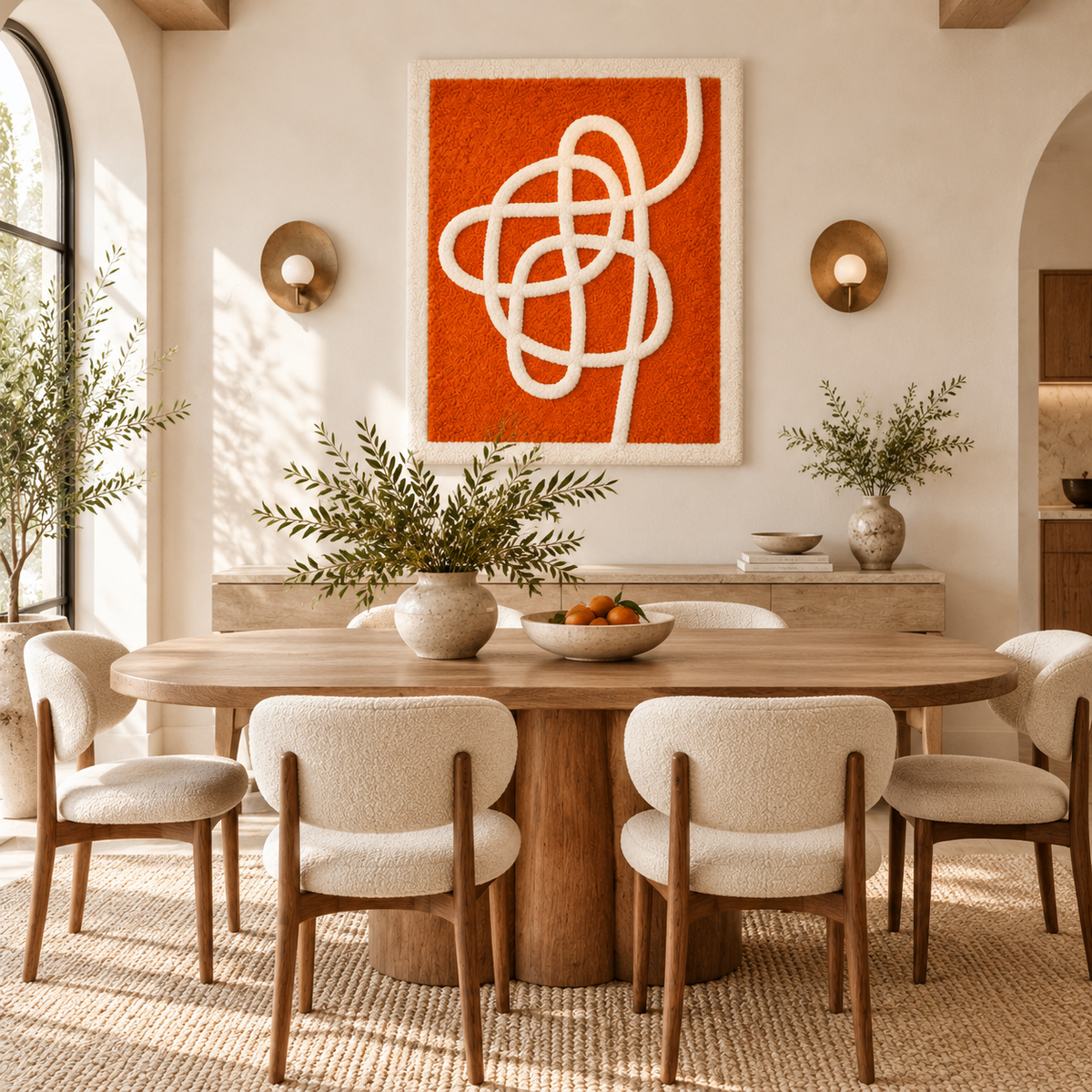 Hewn Earth wall art featuring an ivory ribbon design on a vibrant tangerine background in a modern room scene.