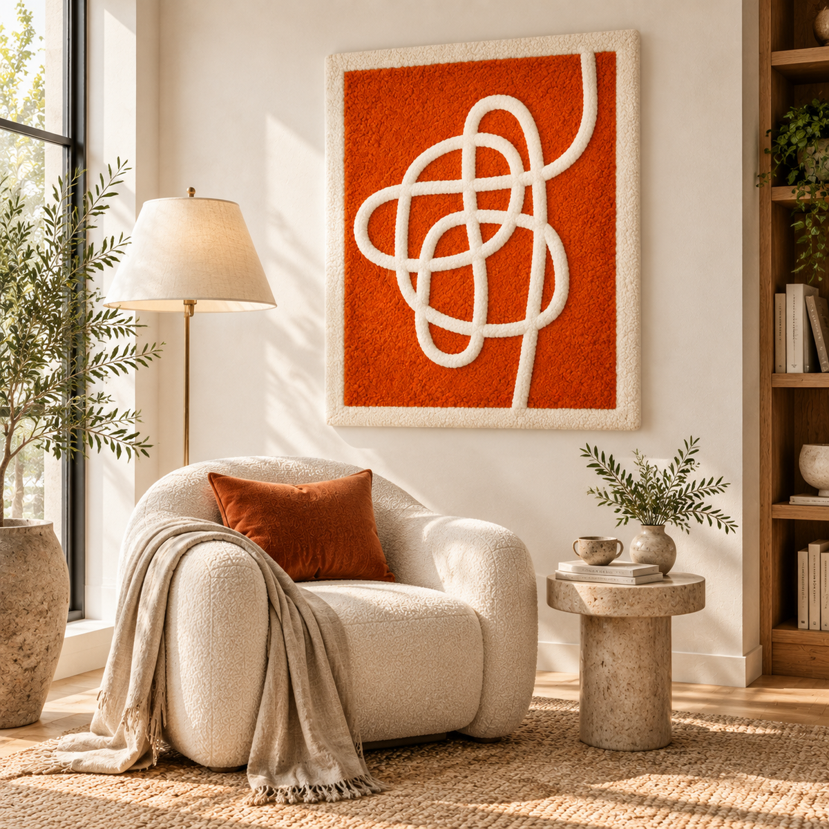 Hewn Earth wall art featuring an ivory ribbon design on a vibrant tangerine background in a modern room setting.