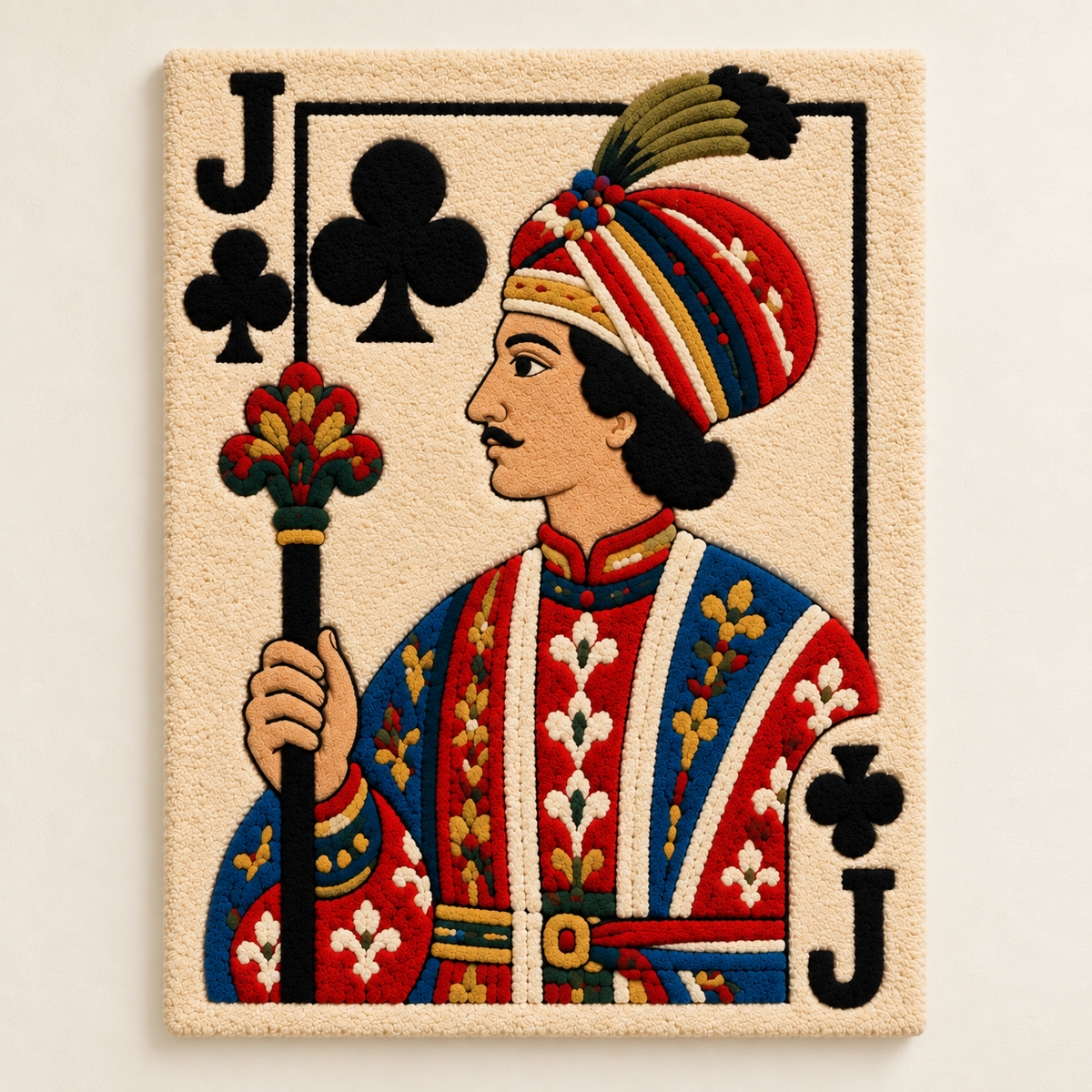 Hewn Earth wall art featuring a Jack of Clubs playing card with vibrant jewel stripes design.