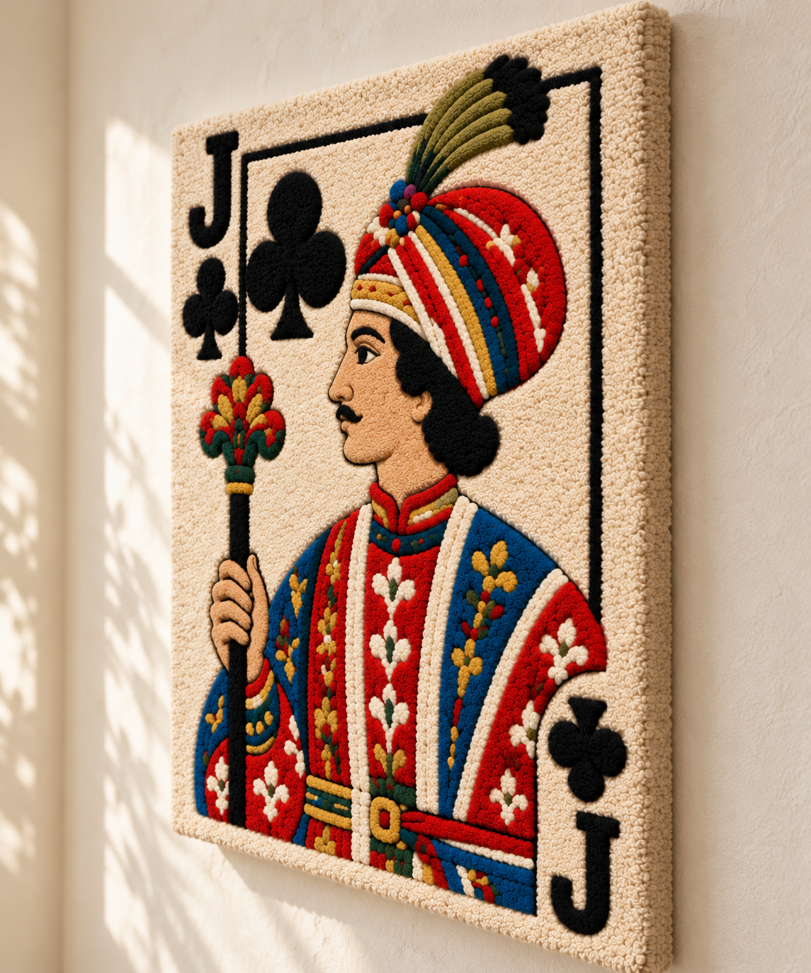 Hewn Earth wall art featuring a Jack of Clubs playing card design in vibrant jewel stripe colors.