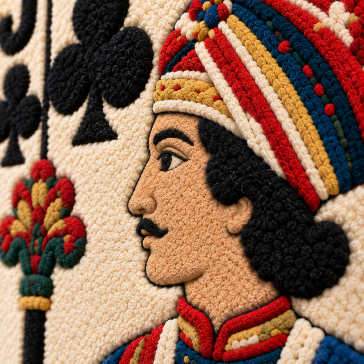 Close-up of Hewn Earth wall art featuring a Jack of Clubs playing card with vibrant jewel stripe design and detailed artwork.