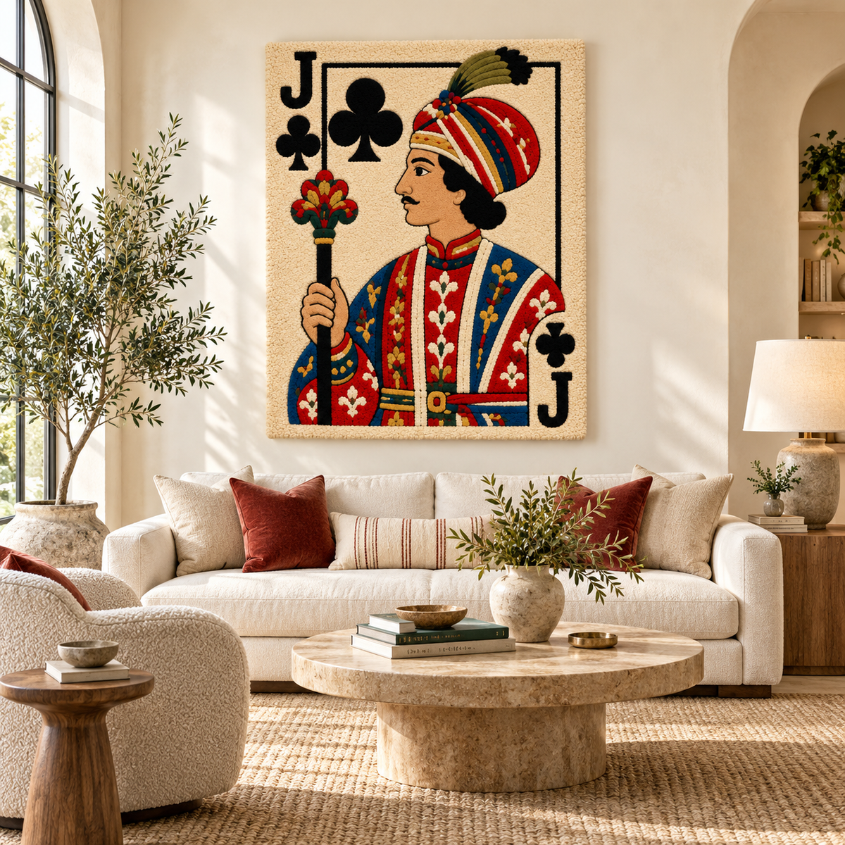 Hewn Earth wall art featuring a Jack of Clubs playing card design in vibrant jewel stripe colors, displayed on a room wall.