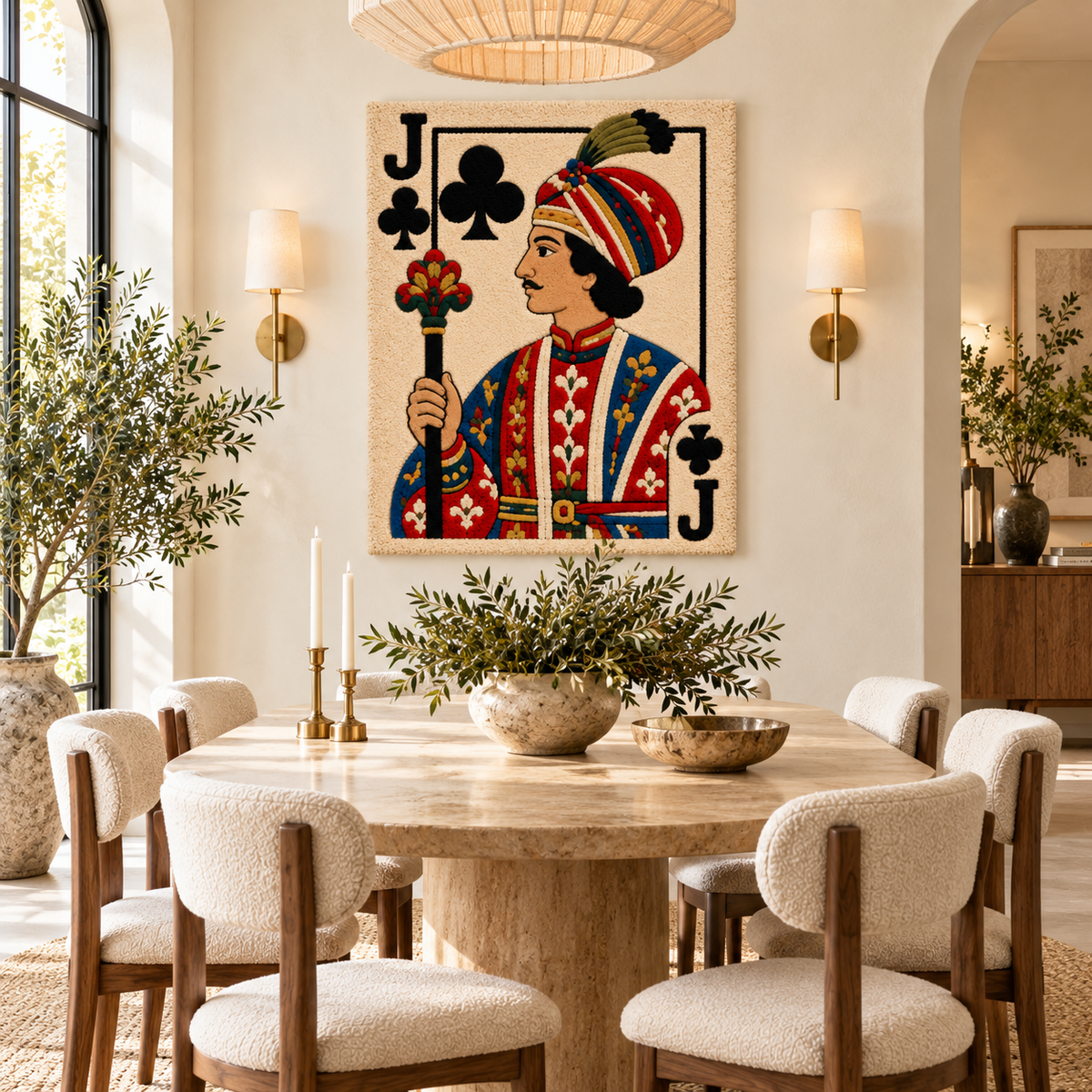 Hewn Earth wall art featuring a Jack of Clubs playing card design with colorful jewel stripe background, decorative room decor.