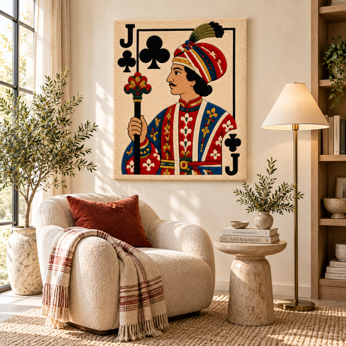 Hewn Earth Jack of Clubs wall art featuring jewel stripe design, vibrant colors, and modern geometric style for room decor.