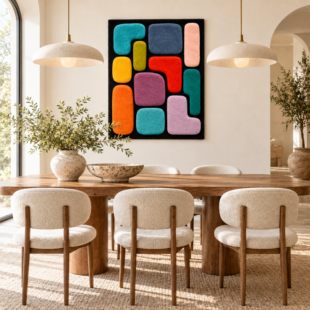 Hewn Earth Jewel Tile Puzzle wall art featuring colorful, mosaic-style tiles arranged in an abstract design for home decor.