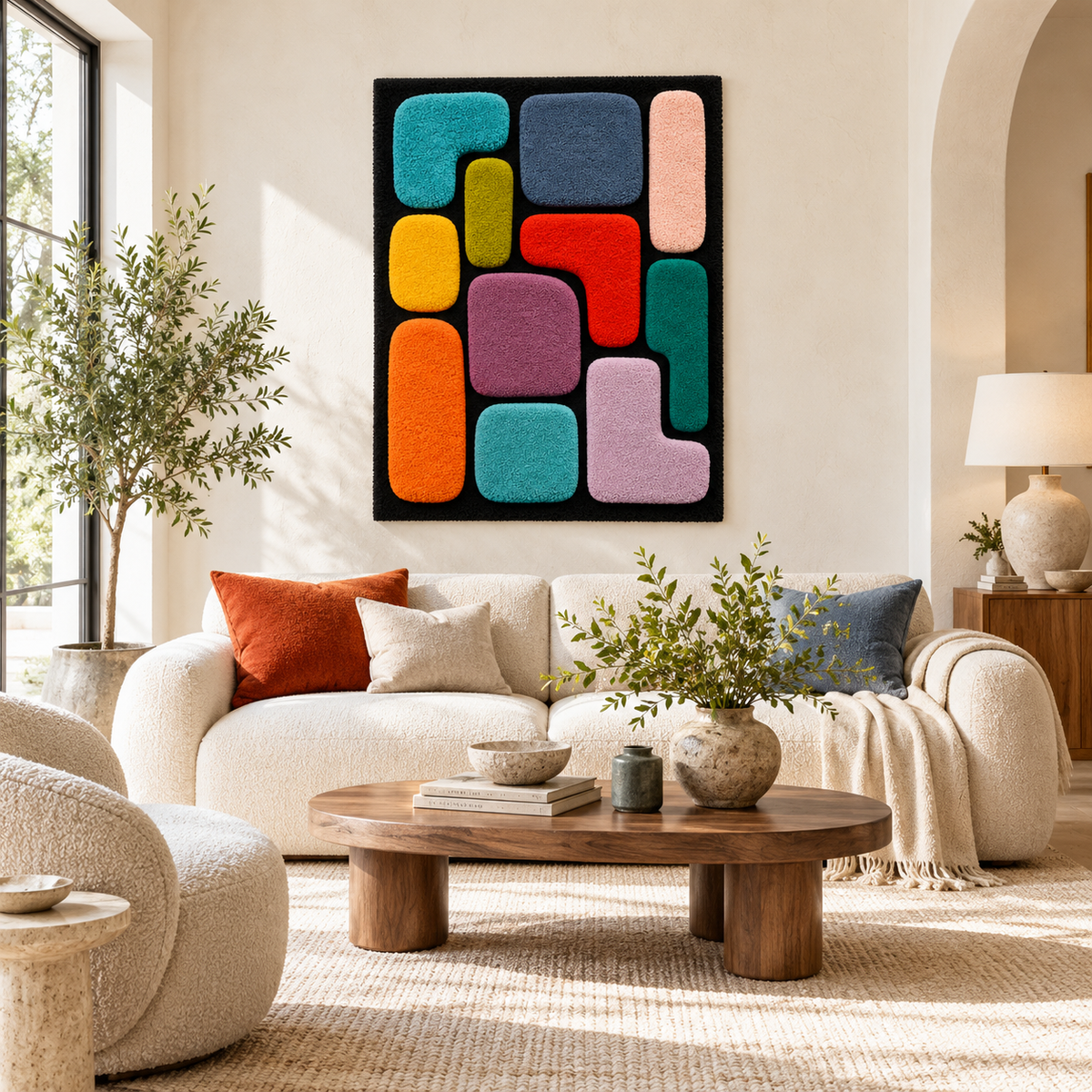 Hewn Earth Jewel Tile Puzzle wall art with colorful geometric tiles arranged in an intricate pattern displayed in a room.