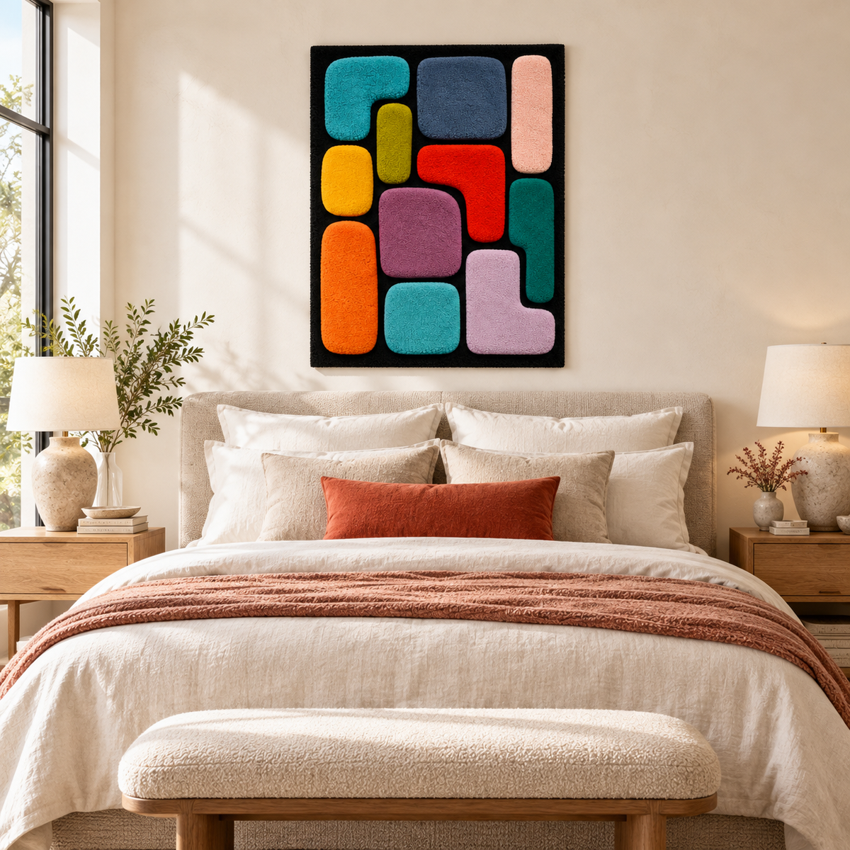 Hewn Earth Jewel Tile Puzzle wall art with colorful geometric jewel tiles arranged in a decorative pattern.