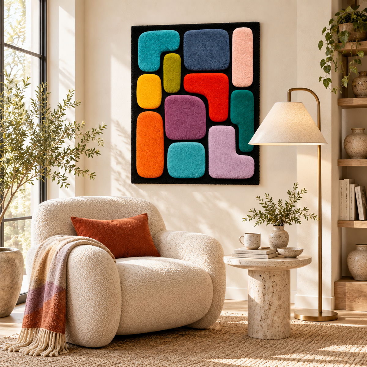 Hewn Earth Jewel Tile Puzzle wall art featuring colorful, geometric jewel tile design displayed on a room wall.