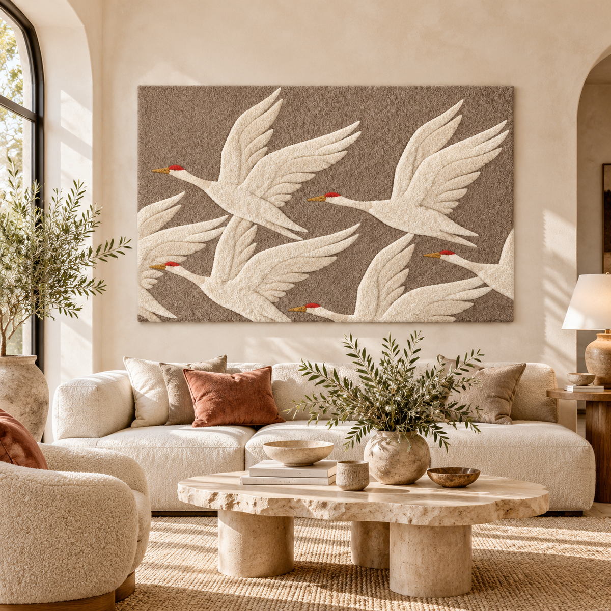Ivory Cranes in Flight by Josie — front-facing room scene [room-front]