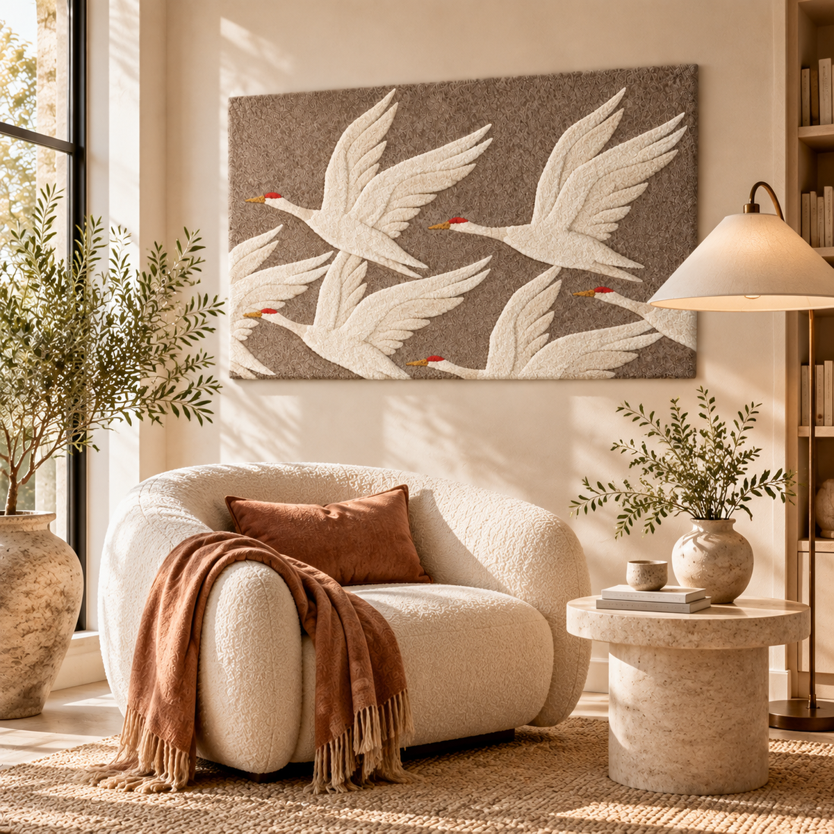 Ivory Cranes in Flight by Josie — room setting