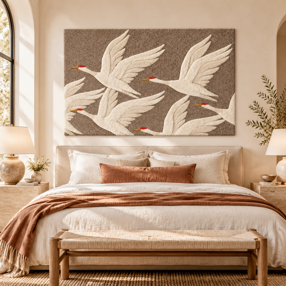 Ivory Cranes in Flight by Josie — room setting