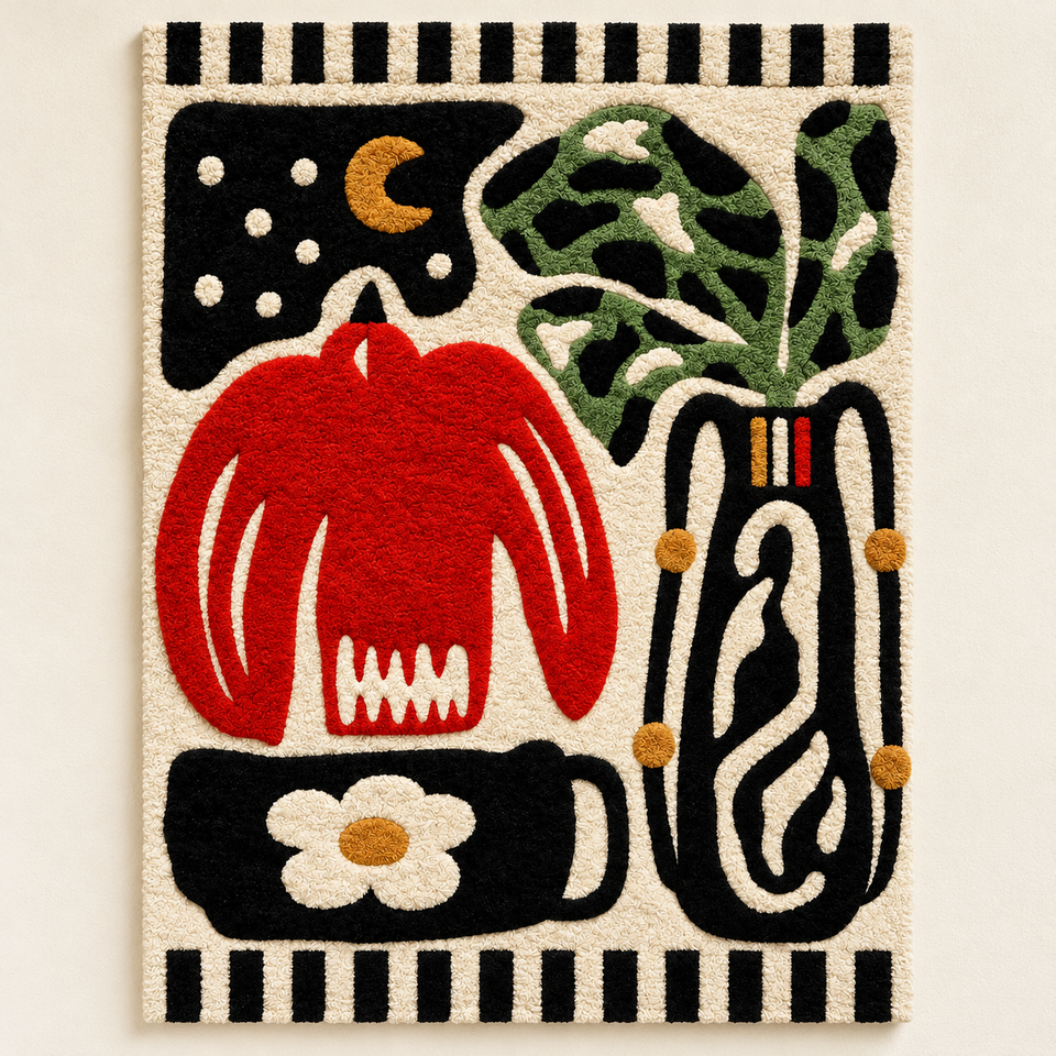 Vase and Flower Under a Crescent Moon