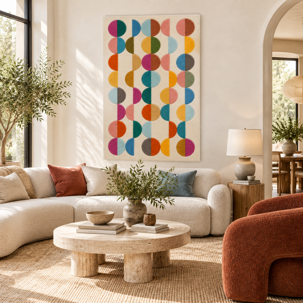 Hewn Earth Kaleidoscope Half Moon Columns wall art featuring colorful, geometric half-moon shapes on a modern room wall.