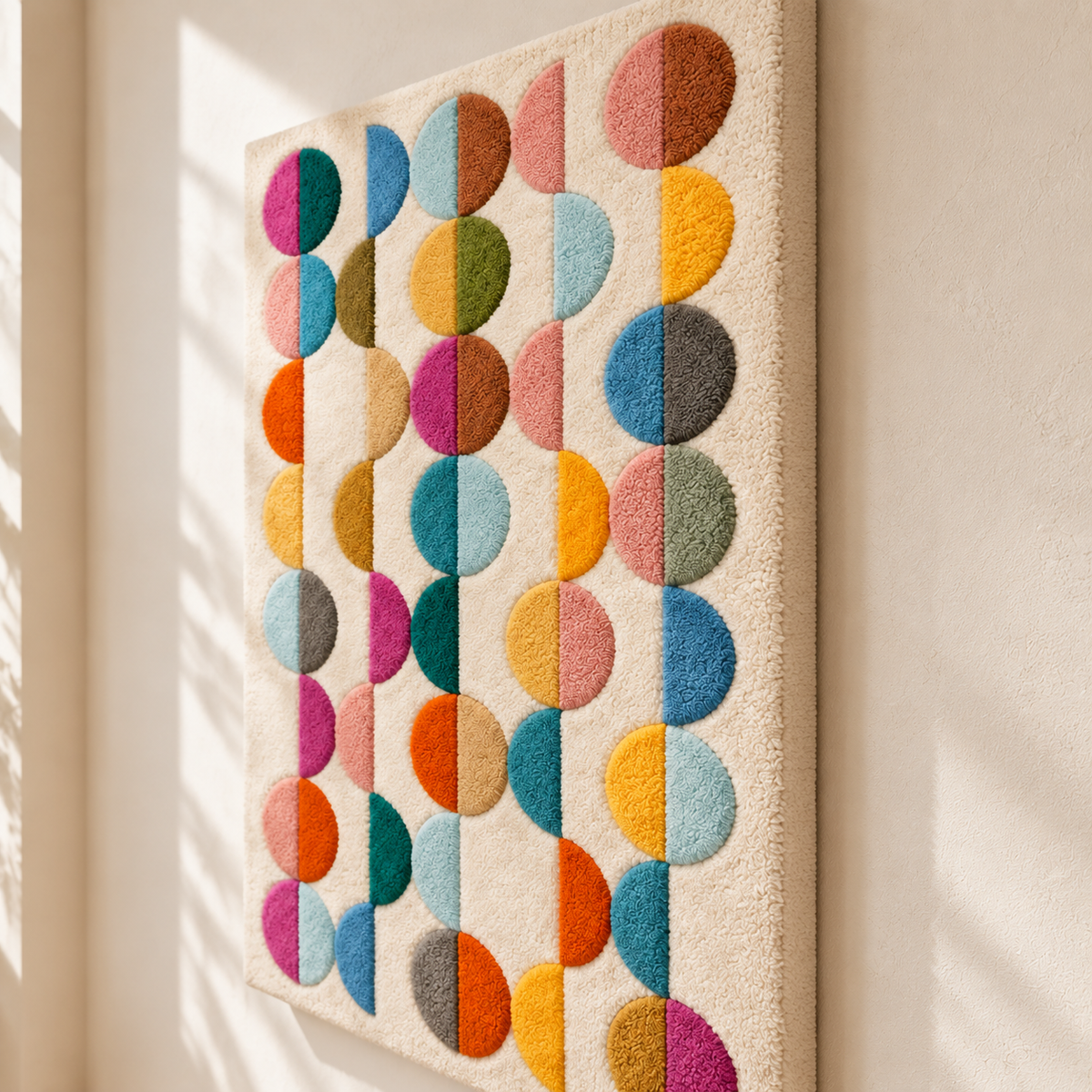 Hewn Earth Kaleidoscope Half Moon Columns wall art featuring intricate, colorful geometric designs on a neutral background.