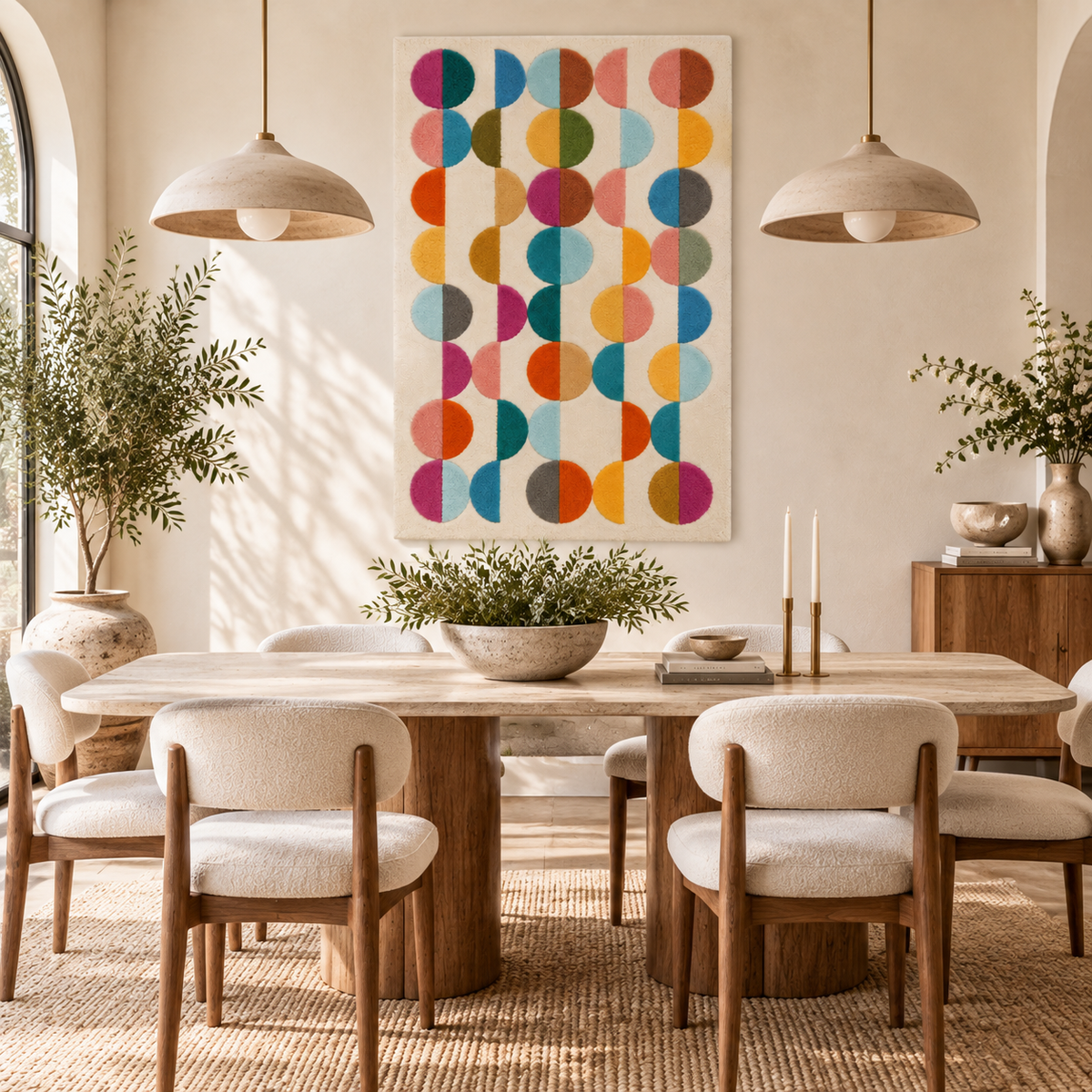 Hewn Earth kaleidoscope half moon wall art featuring colorful, geometric columns displayed on a modern room wall.