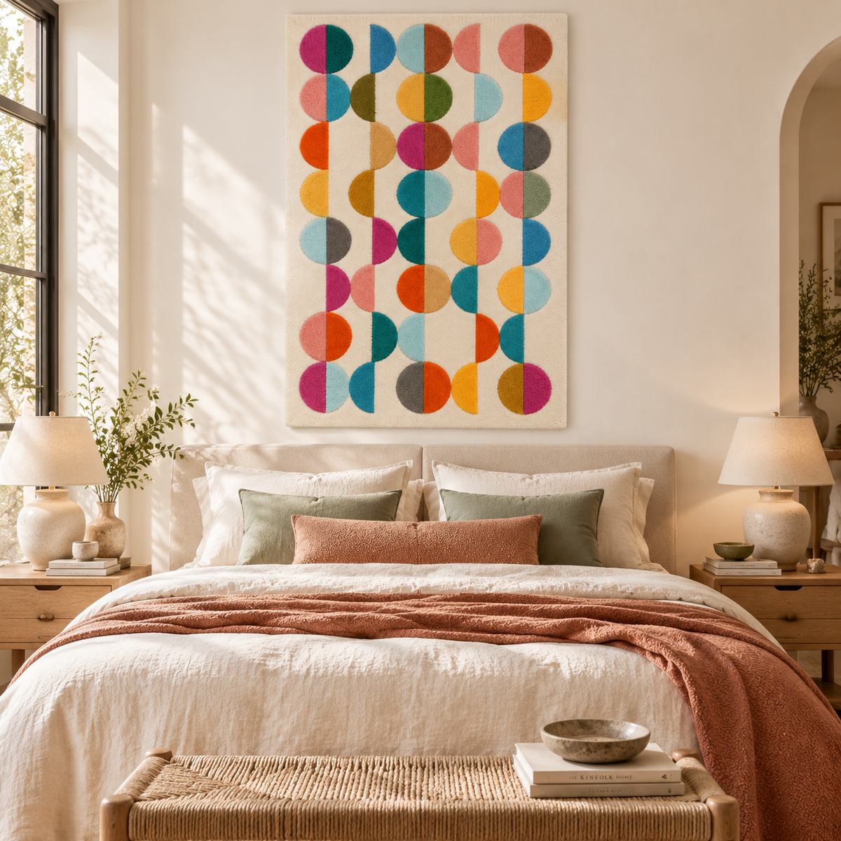Hewn Earth kaleidoscope half moon wall art with colorful geometric columns displayed on a modern room wall.
