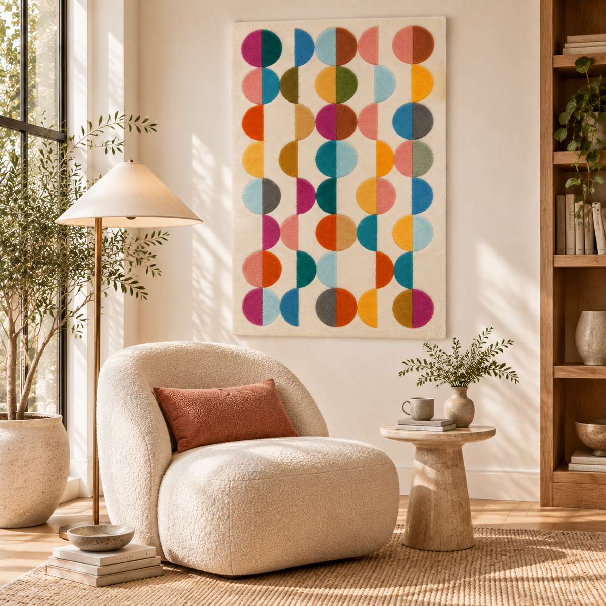 Hewn Earth kaleidoscope half moon columns wall art arranged on a modern room wall, featuring colorful, geometric design.