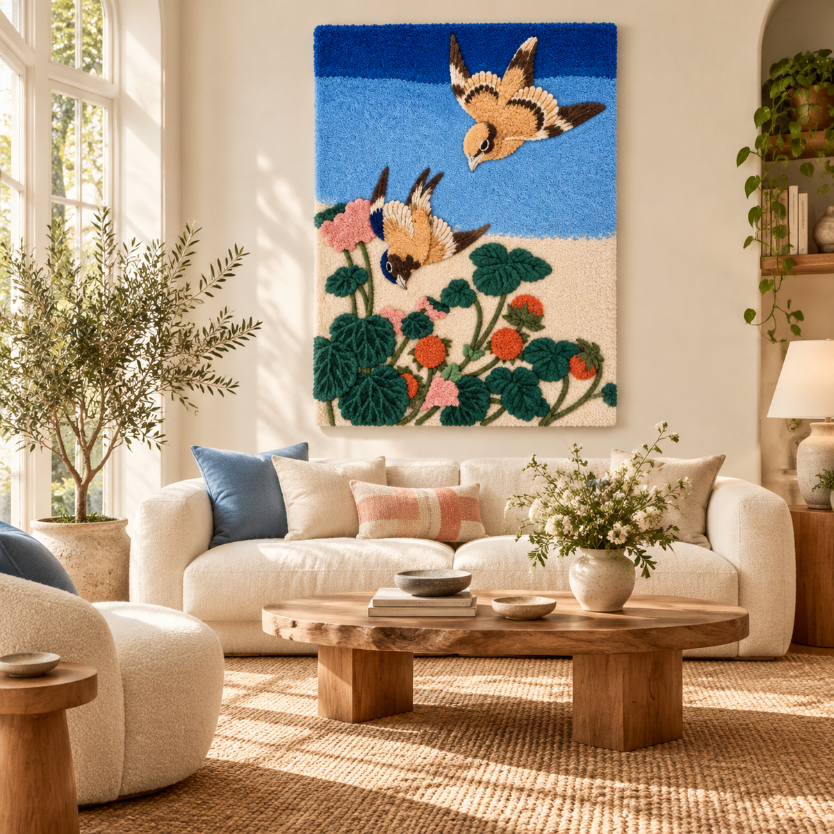 Bull-headed Shrike and Bluebird with Begonia and Wild Strawberry by Katsushika Hokusai — room setting