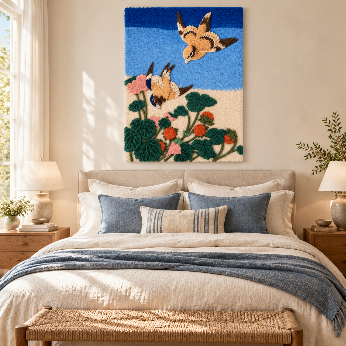Bull-headed Shrike and Bluebird with Begonia and Wild Strawberry by Katsushika Hokusai — room setting