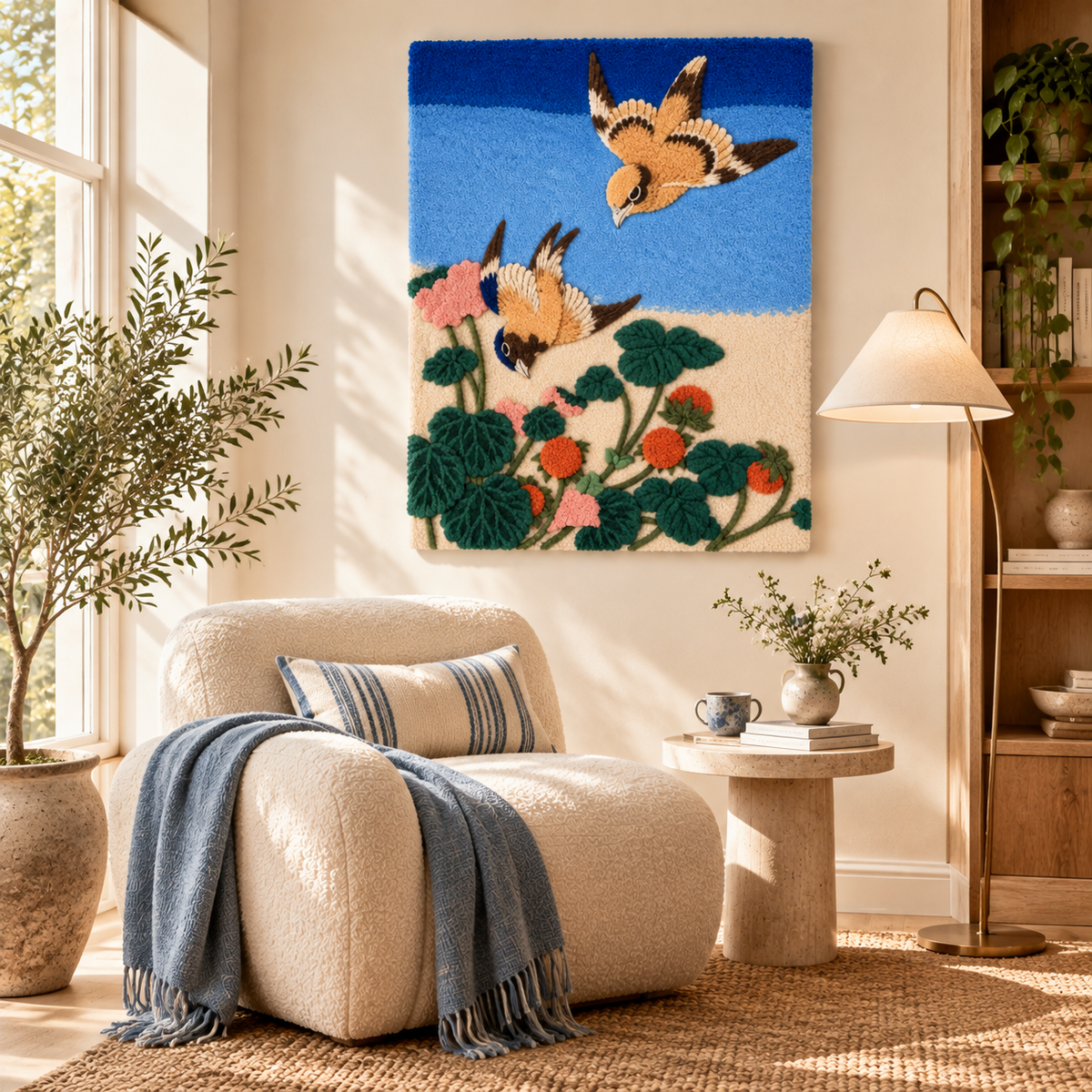 Bull-headed Shrike and Bluebird with Begonia and Wild Strawberry by Katsushika Hokusai — room setting