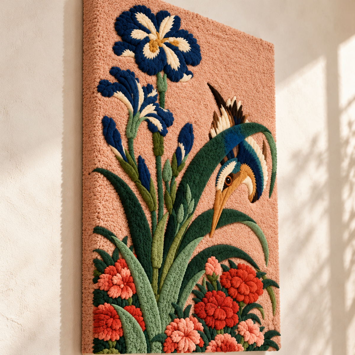 Kingfisher with Iris and Wild Pinks by Katsushika Hokusai — angled relief view