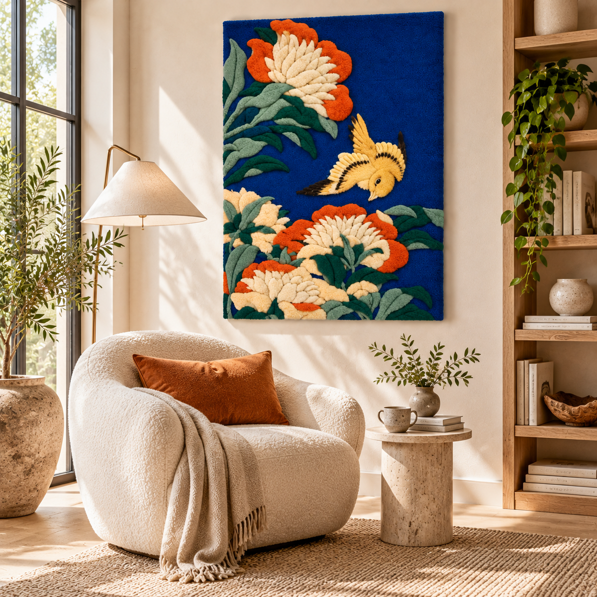 Peonies and Canary by Katsushika Hokusai — room setting