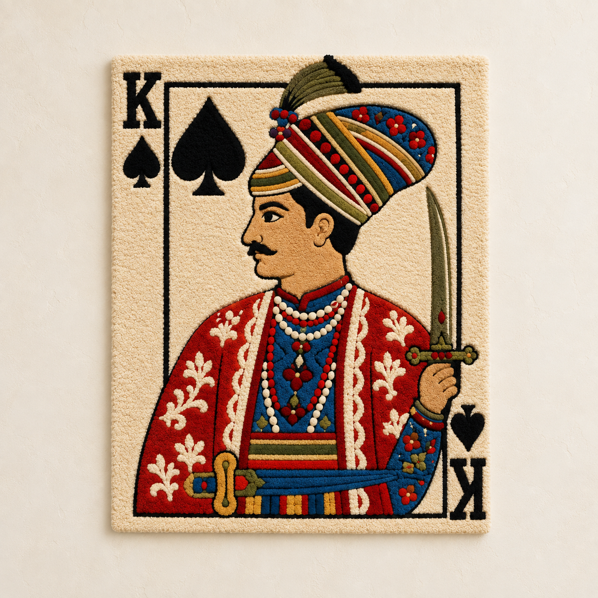 Hewn Earth King of Spades wall art featuring a regal figure holding a curved sword, detailed illustration on a dark background.