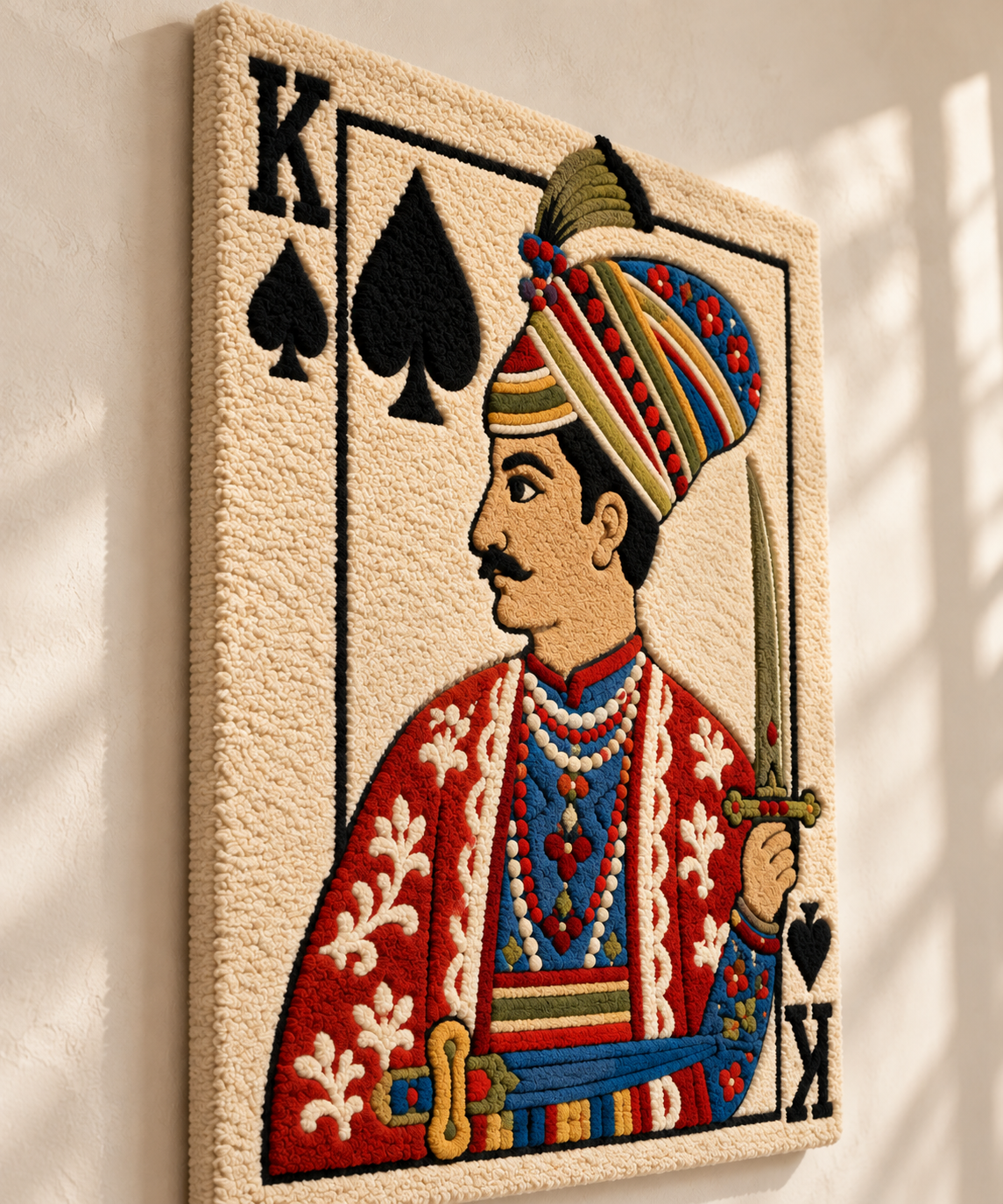Hewn Earth King of Spades wall art featuring a regal figure holding a curved sword, displayed from a side angle.
