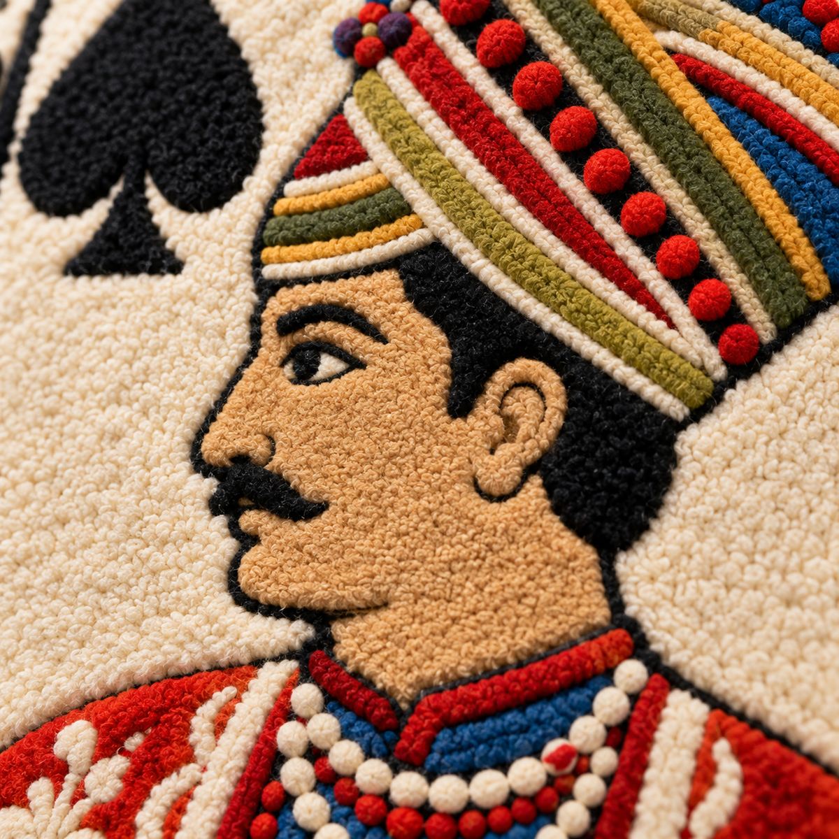 Detailed image of Hewn Earth King of Spades wall art featuring a regal figure holding a curved sword with intricate design.