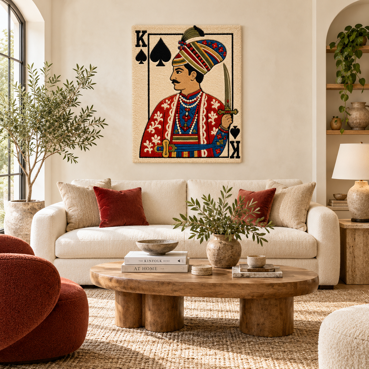 Hewn Earth King of Spades wall art featuring a regal figure holding a curved sword, displayed in a room setting.