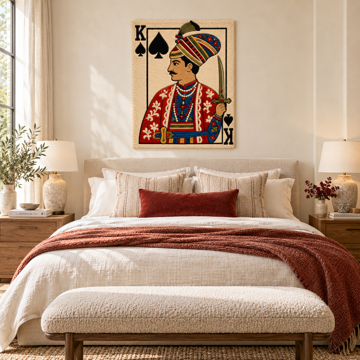 Hewn Earth wall art featuring a king of spades holding a curved sword, displayed in a room setting.