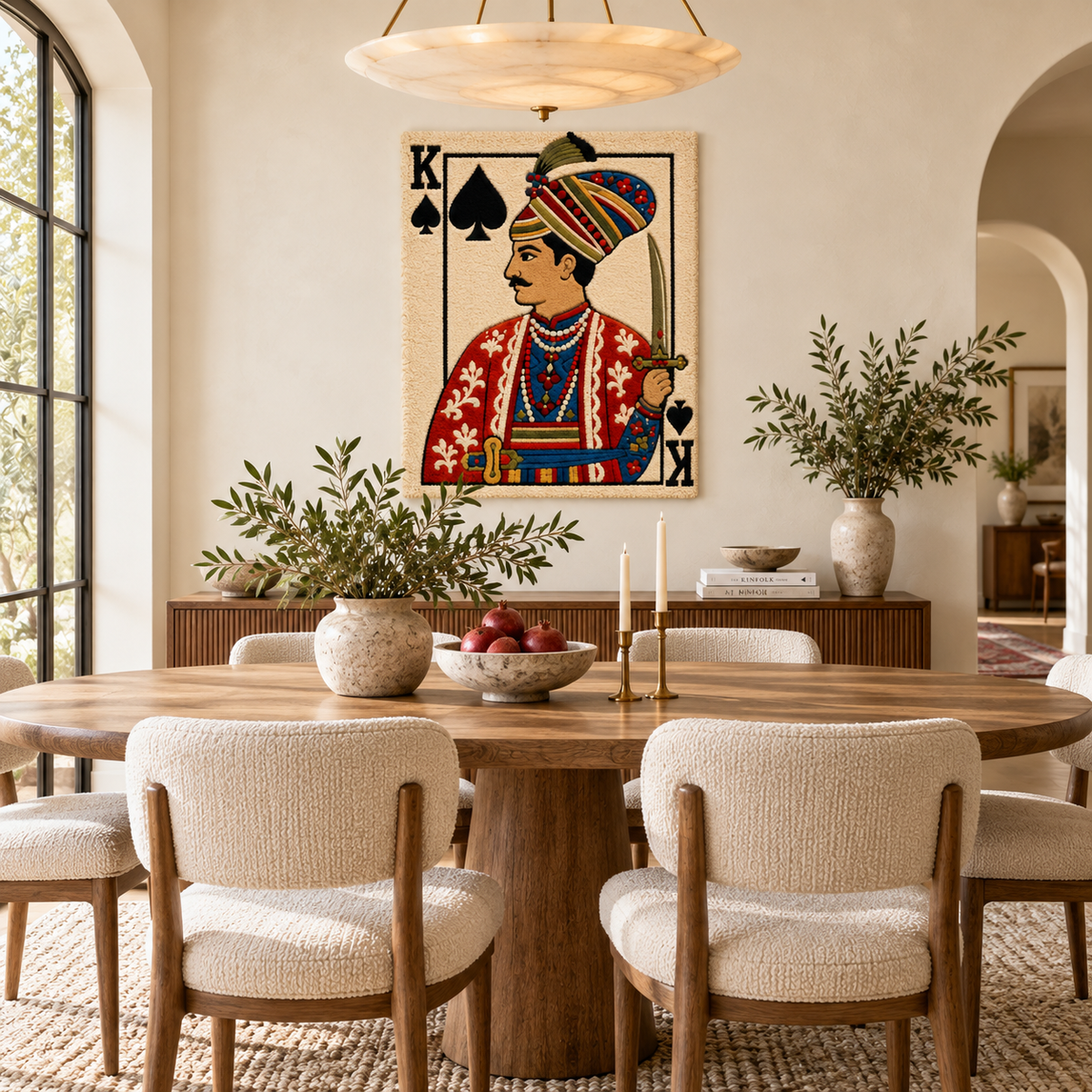 Hewn Earth wall art featuring a king of spades holding a curved sword, displayed on a room wall with a modern decor style.