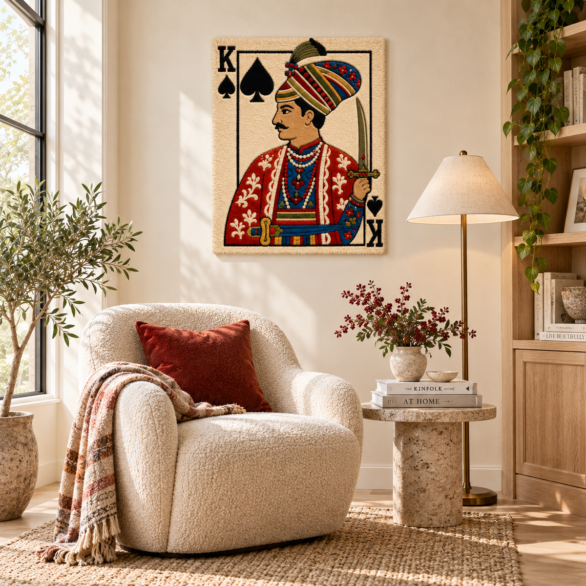 Hewn Earth King of Spades wall art featuring a regal king holding a curved sword, displayed on a room wall.
