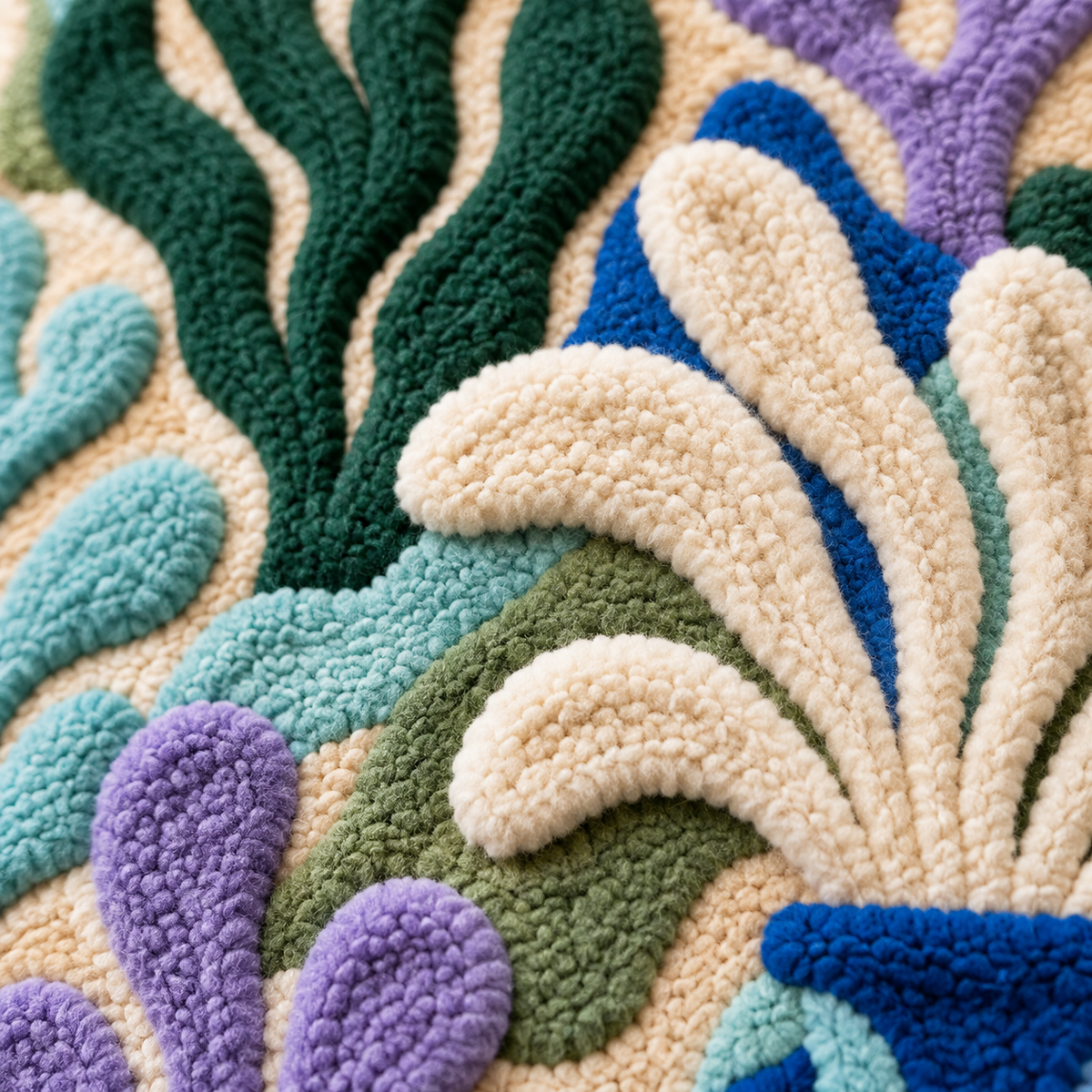 Lagoon Leaf Dance — tufted wool texture detail