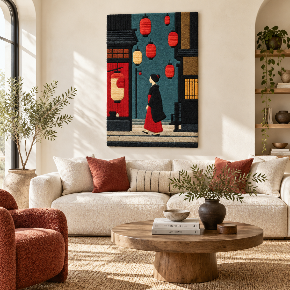 Hewn Earth Lantern Lane Stroll wall art featuring a charming lantern scene, perfect for wall decor in living spaces.